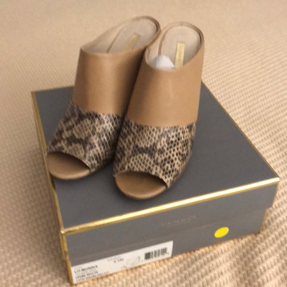 Snake & Milano calf leather slides w/gold trim.